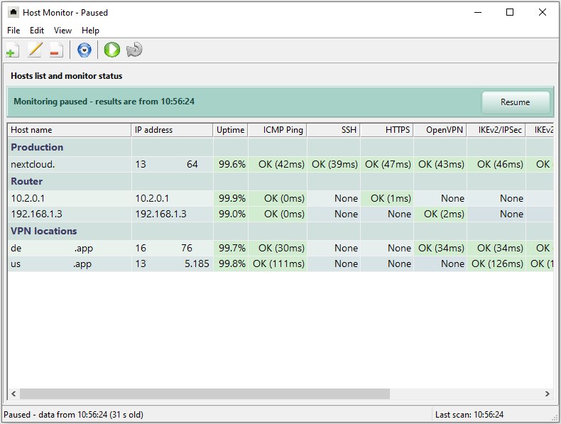 Main window with monitoring paused, showing the resume banner above the hosts list
