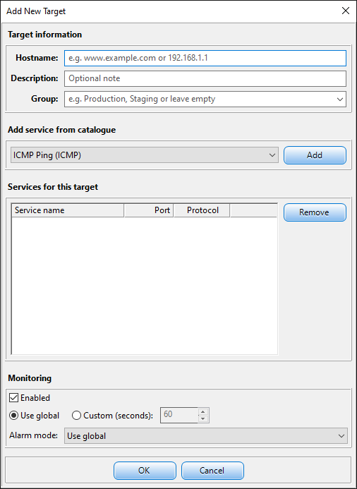 Add New Target dialog with hostname, group, and service catalogue fields