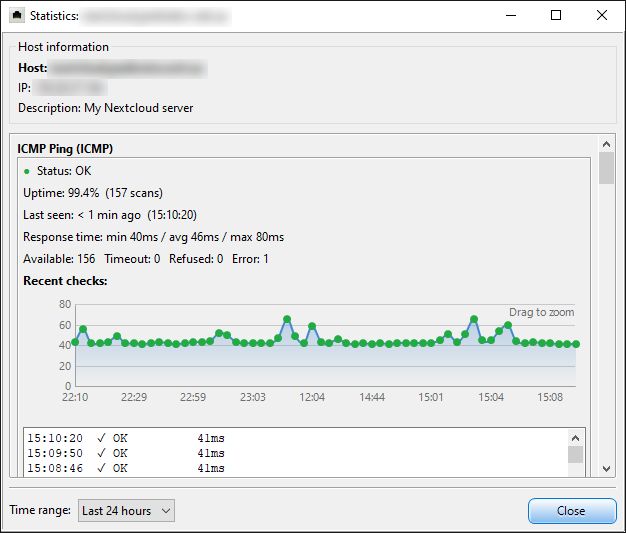 Per-host statistics window showing a latency chart and probe history